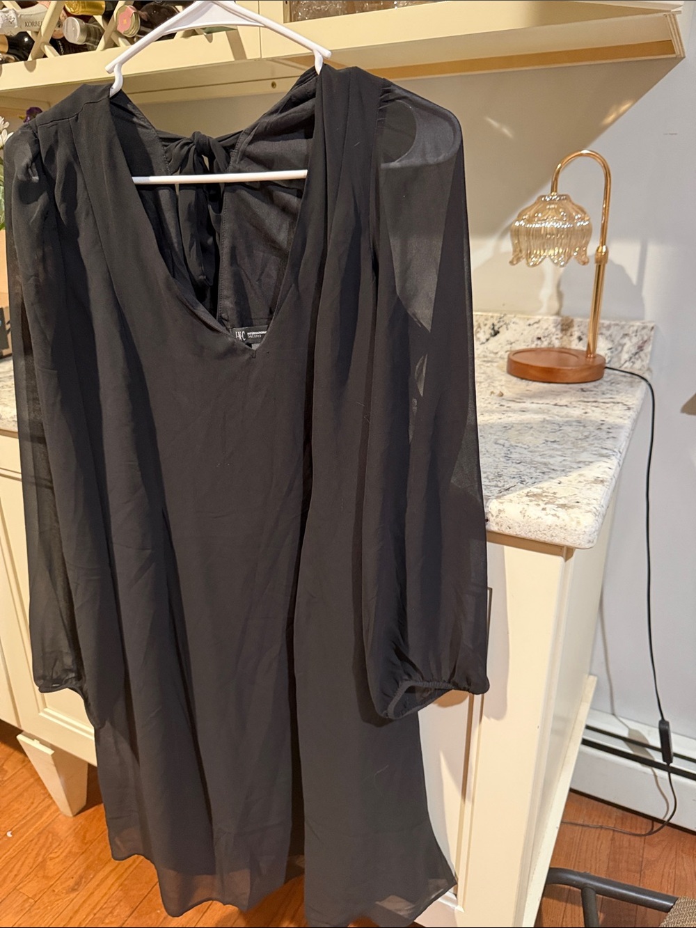 INC International Concepts Black Long-Sleeve Sheer Overlay Dress